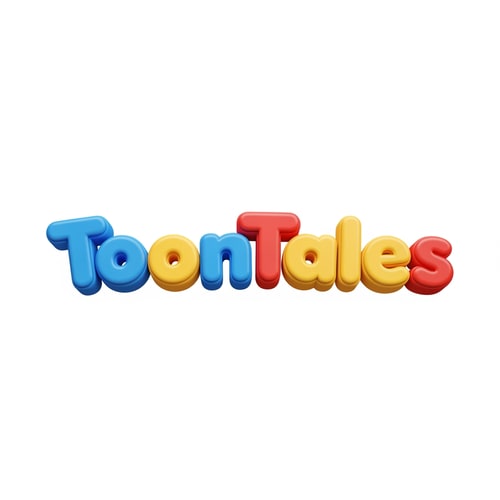AI Design for A playful and vibrant logo for a children's OTT streaming service featuring the brand name "ToonTales" in a custom, rounded, 3D bubbly typeface. — Centered and balanced wordmark viewed from a straight-on perspective for clear brand recognition. — A cheerful palette of saturated primary colors including bright blue, sunny yellow, and poppy red. — Bright, high-key studio lighting with soft glossy reflections to create a fun, high-energy mood. — Modern 3D digital vector style with smooth, plastic-like textures and bold, clean shapes. — Keep text "ToonTales" EXACTLY unchanged; no rewriting, redrawing, correcting, or adding any text. — Isolated on a solid, flat white background.