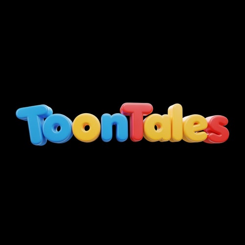 AI Design for A playful and vibrant logo for a children's OTT streaming service featuring the brand name "ToonTales" in a custom, rounded, 3D bubbly typeface. — Centered and balanced wordmark viewed from a straight-on perspective for clear brand recognition. — A cheerful palette of saturated primary colors including bright blue, sunny yellow, and poppy red. — Bright, high-key studio lighting with soft glossy reflections to create a fun, high-energy mood. — Modern 3D digital vector style with smooth, plastic-like textures and bold, clean shapes. — Keep text "ToonTales" EXACTLY unchanged; no rewriting, redrawing, correcting, or adding any text. — Isolated on a solid, flat blackbackground.
