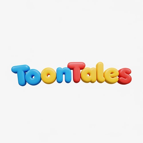 AI Design for A playful and vibrant logo for a children's OTT streaming service featuring the brand name "ToonTales" in a custom, rounded, 3D bubbly typeface. — Centered and balanced wordmark viewed from a straight-on perspective for clear brand recognition. — A cheerful palette of saturated primary colors including bright blue, sunny yellow, and poppy red. — Bright, high-key studio lighting with soft glossy reflections to create a fun, high-energy mood. — Modern 3D digital vector style with smooth, plastic-like textures and bold, clean shapes. — Keep text "ToonTales" EXACTLY unchanged; no rewriting, redrawing, correcting, or adding any text. — Isolated on a solid, flat white background.