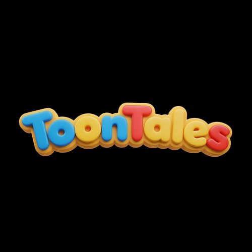 AI Design for A playful and vibrant logo for a children's OTT streaming service featuring the brand name "ToonTales" in a custom, rounded, 3D bubbly typeface. — Centered and balanced wordmark viewed from a straight-on perspective for clear brand recognition. — A cheerful palette of saturated primary colors including bright blue, sunny yellow, and poppy red. — Bright, high-key studio lighting with soft glossy reflections to create a fun, high-energy mood. — Modern 3D digital vector style with smooth, plastic-like textures and bold, clean shapes. — Keep text "ToonTales" EXACTLY unchanged; no rewriting, redrawing, correcting, or adding any text. — Isolated on a solid, flat blackbackground.