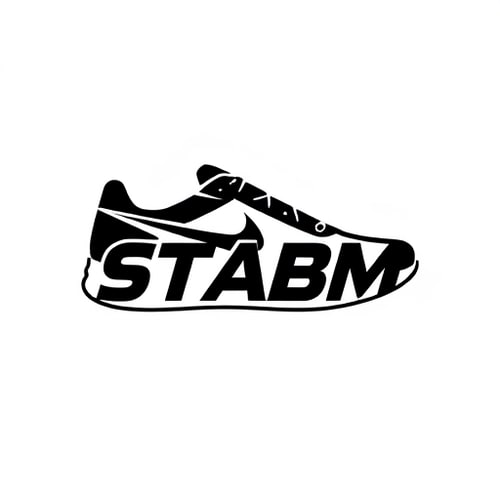 AI Design for Pictorial logo for a sports apparel company named "STABM": A stylized Nike sneaker silhouette with the letters "STABM" integrated into the design, Minimalist and energetic, Black and white with a vibrant accent color, Bold sans-serif typography, Modern athletic design, Clean lines and sharp angles, Solid white background.