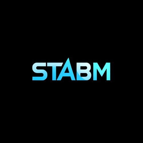 AI Design for Letterform logo for a popular formal style clothing brand named "STABM": A sharp, stylized 'S' integrated with a bold 'M', creating a dynamic and memorable mark. Black, white, and a vibrant electric blue. Clean, modern sans-serif font with slightly condensed letterforms. Design with a Y2K aesthetic and a touch of grunge influence. Emphasize sharp angles and geometric precision. Solid background.