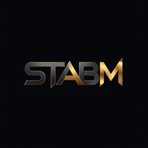 AI Design for Letterform for a high-end, luxury streetwear clothing brand named "STABM": The logo features bold, interconnected "S", "T", "A", "B", and "M" forming a cohesive and distinctive mark, Abstract geometric shapes inspired by modern architecture, deep charcoal grey, sophisticated gold, and a hint of electric blue, Sharp, sans-serif typography with subtle geometric flourishes, reflecting a blend of modernism and urban edge, Minimalist and impactful, with clean lines and precise angles, subtle metallic sheen on the gold elements, Solid dark background.