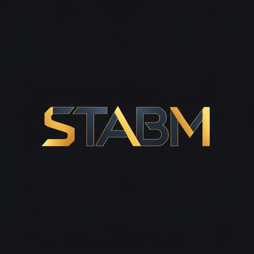 AI Design for Letterform for a high-end, luxury streetwear clothing brand named "STABM": The logo features bold, interconnected "S", "T", "A", "B", and "M" forming a cohesive and distinctive mark, Abstract geometric shapes inspired by modern architecture, deep charcoal grey, sophisticated gold, and a hint of electric blue, Sharp, sans-serif typography with subtle geometric flourishes, reflecting a blend of modernism and urban edge, Minimalist and impactful, with clean lines and precise angles, subtle metallic sheen on the gold elements, Solid dark background.