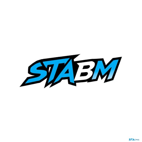 AI Design for Letterform logo for a popular street style clothing brand named "STABM": A sharp, stylized 'S' integrated with a bold 'M', creating a dynamic and memorable mark. Black, white, and a vibrant electric blue. Clean, modern sans-serif font with slightly condensed letterforms. Design with a Y2K aesthetic and a touch of grunge influence. Emphasize sharp angles and geometric precision. Solid background.