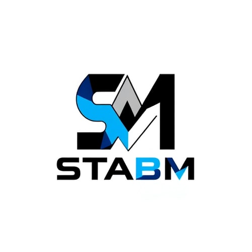 AI Design for Letterform logo for a popular formal style clothing brand named "STABM": A sharp, stylized 'S' integrated with a bold 'M', creating a dynamic and memorable mark. Black, white, and a vibrant electric blue. Clean, modern sans-serif font with slightly condensed letterforms. Design with a Y2K aesthetic and a touch of grunge influence. Emphasize sharp angles and geometric precision. Solid background.
