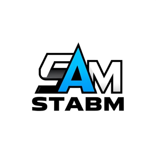 AI Design for Letterform logo for a popular formal style clothing brand named "STABM": A sharp, stylized 'S' integrated with a bold 'M', creating a dynamic and memorable mark. Black, white, and a vibrant electric blue. Clean, modern sans-serif font with slightly condensed letterforms. Design with a Y2K aesthetic and a touch of grunge influence. Emphasize sharp angles and geometric precision. Solid background.