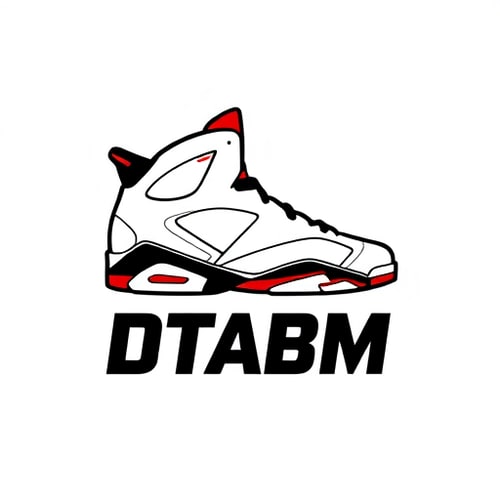 AI Design for Minimalist emblem for a basketball shoe brand named "DTABM": A stylized silhouette of the Air Jordan 6 sneaker with a subtle Jumpman logo integrated into the design, representing legacy and performance. Black, White, and Infrared red for the color palette. Bold, sans-serif typography for the "Jordan 6" name. Design a modern and iconic logo, drawing influence from retro sportswear and street art. Visual execution details: Clean lines, sharp angles, and a sense of dynamic movement. Background type: Solid white.