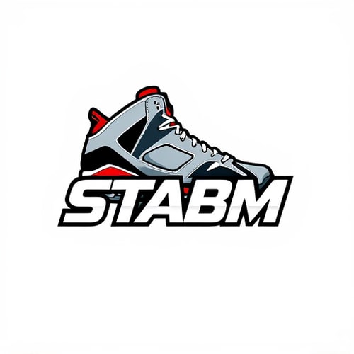 AI Design for Pictorial logo for a sneaker brand named "STABM": An abstract Jordan 6 sneaker blended over the brand name, Clean white background, Bold cool font. Design inspired by athletic footwear and urban streetwear, featuring sharp lines and a dynamic feel, with the sneaker subtly integrated into the typography, white background. it should look more professional