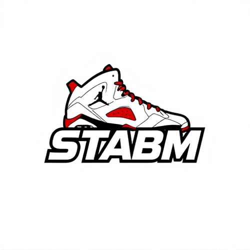 AI Design for Pictorial logo for a sneaker brand named "STABM": An abstract Jordan 6 sneaker blended over the brand name, Clean white background, Bold cool font. Design inspired by athletic footwear and urban streetwear, featuring sharp lines and a dynamic feel, with the sneaker subtly integrated into the typography, white background. it should look more professional