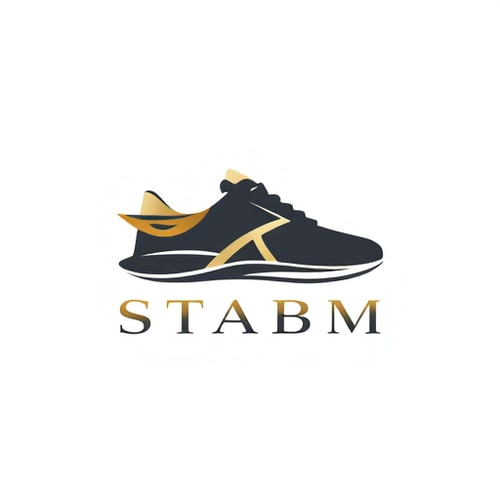 AI Design for Letterform for a premium and elegant sneaker brand named "STABM": A sophisticated, abstract sneaker logo integrated with a subtle, stylized wing or upward curve, suggesting speed and elevated style, Metallic gold, deep charcoal, and a hint of off-white, A sleek, modern sans-serif typeface with subtle sharp edges to echo the brand initial, Modern, minimalist, luxury, with subtle art deco influences, A clean, geometric representation with a focus on sharp lines and balanced negative space, White background.