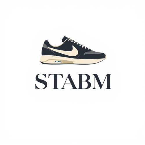 AI Design for Letterform for a premium and elegant sneaker brand named "STABM": A sophisticated, abstract NIKE sneaker suggesting speed and elevated style, deep charcoal, and a hint of off-white, A sleek, modern sans-serif typeface with subtle sharp edges to echo the brand initial, Modern, minimalist, luxury, with subtle art deco influences, A clean, geometric representation with a focus on sharp lines and balanced negative space, White background.