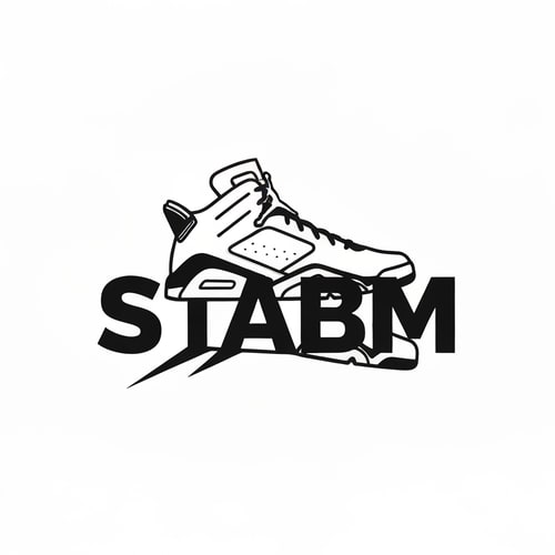 AI Design for Pictorial logo for a sneaker brand named "STABM": An abstract Jordan 6 sneaker silhouette layered over the brand name, Clean white background, Bold sans-serif font. Design inspired by athletic footwear and urban streetwear, featuring sharp lines and a dynamic feel, with the sneaker subtly integrated into the typography, white background.
