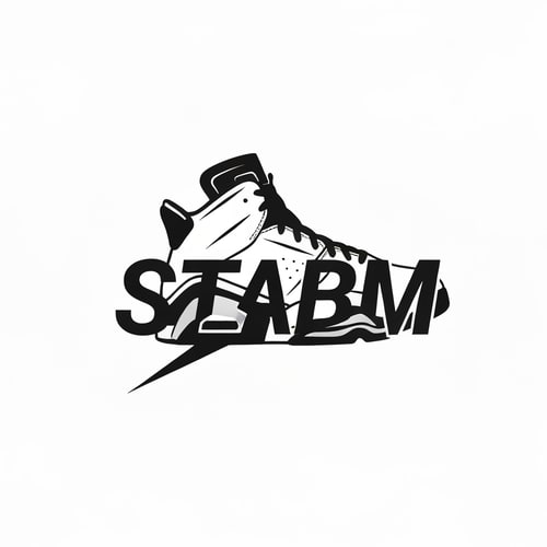 AI Design for Pictorial logo for a sneaker brand named "STABM": An abstract Jordan 6 sneaker silhouette layered over the brand name, Clean white background, Bold sans-serif font. Design inspired by athletic footwear and urban streetwear, featuring sharp lines and a dynamic feel, with the sneaker subtly integrated into the typography, white background.