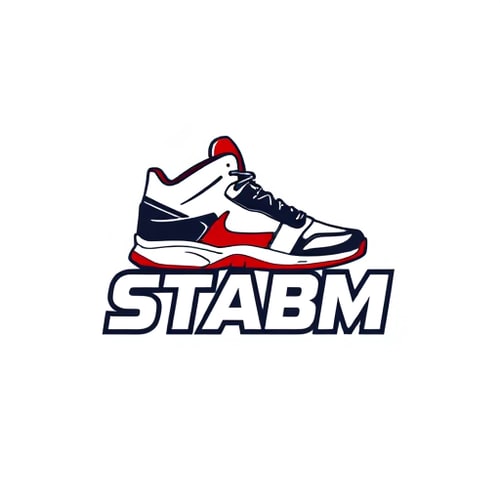 AI Design for Pictorial logo for a sneaker brand named "STABM": An abstract Jordan sneaker blended over the brand name, Clean white background, Bold cool font. Design inspired by athletic footwear and urban streetwear, featuring sharp lines and a dynamic feel, with the sneaker subtly integrated into the typography, white background and the logo should look more professional