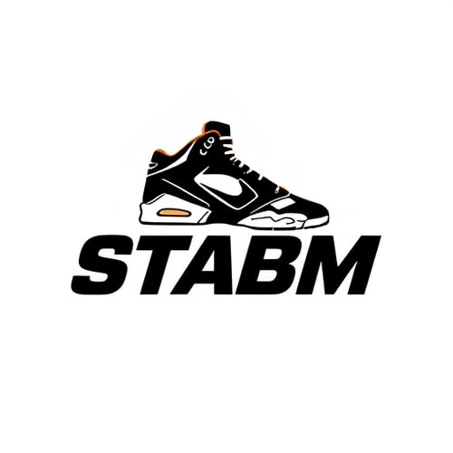 AI Design for Pictorial logo for a sneaker brand named "STABM": An abstract Jordan 6 sneaker silhouette layered over the brand name, Clean white background, Bold sans-serif font. Design inspired by athletic footwear and urban streetwear, featuring sharp lines and a dynamic feel, with the sneaker subtly integrated into the typography, white background.