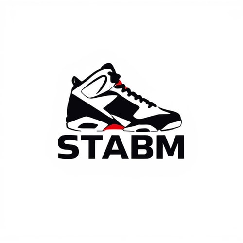 AI Design for Pictorial logo for a sneaker brand named "STABM": An abstract Jordan 6 sneaker silhouette layered over the brand name, Clean white background, Bold sans-serif font. Design inspired by athletic footwear and urban streetwear, featuring sharp lines and a dynamic feel, with the sneaker subtly integrated into the typography, white background.