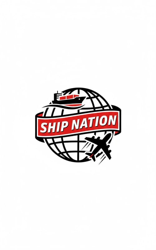 AI Design for take reference from attached picture and create a logo for ShipNation, add Cargo plane and ship, colour should be black and red only