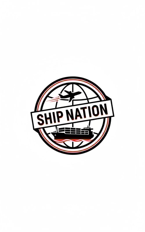 AI Design for take reference from attached picture and create a logo for ShipNation, add Cargo plane and ship, colour should be black and red only