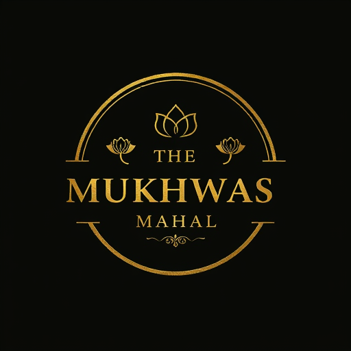 AI Design for Modern minimal embossed logo for The Mukhwas Mahal. Clean circular emblem with golden embossed outline. Inside the frame, add delicate fennel seed illustrations with lotus petals. Typography in embossed metallic gold serif font. Balanced look – not too busy, not too plain – keeping the design elegant yet distinctly Indian."