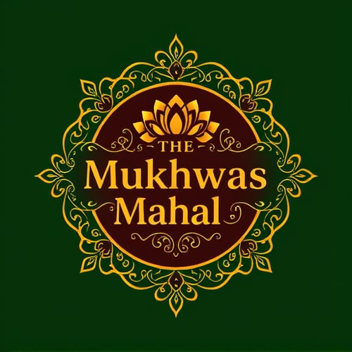 AI Design for Luxury premium logo design for The Mukhwas Mahal. The logo should have an embossed, raised effect with gold foil detailing for a royal look. Integrate elegant Indian motifs like lotus and peacocks in the frame. Add subtle fennel seed elements around or within the design, blending naturally with the ornate patterns. Use deep green and royal maroon background accents with golden highlights. Typography should be serif, metallic gold, embossed for a premium and gourmet brand identity."