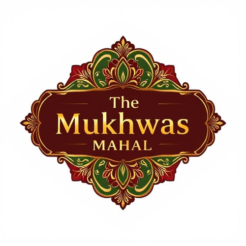 AI Design for Luxury premium logo design for The Mukhwas Mahal. The logo should have an embossed, raised effect with gold foil detailing for a royal look. Integrate elegant Indian motifs like lotus and peacocks in the frame. Add subtle fennel seed elements around or within the design, blending naturally with the ornate patterns. Use deep green and royal maroon background accents with golden highlights. Typography should be serif, metallic gold, embossed for a premium and gourmet brand identity."