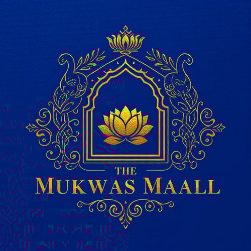 AI Design for Create a premium royal logo for The Mukhwas Mahal. The central frame should be an ornate Indian arch with a lotus on top and two peacocks gracefully flanking it. Inside and around the arch, add subtle decorative motifs like fine floral vines and scattered fennel seed details to avoid empty spaces but keep it elegant. Typography in embossed metallic gold serif font placed below the emblem. Ensure the design has a rich, balanced fill — not too plain, not overly crowded. Finish with a raised embossed foil effect (gold or silver), designed to look striking on royal blue matte packaging