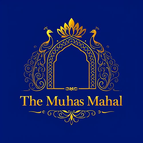 AI Design for Create a premium royal logo for The Mukhwas Mahal. The central frame should be an ornate Indian arch with a lotus on top and two peacocks gracefully flanking it. Inside and around the arch, add subtle decorative motifs like fine floral vines and scattered fennel seed details to avoid empty spaces but keep it elegant. Typography in embossed metallic gold serif font placed below the emblem. Ensure the design has a rich, balanced fill — not too plain, not overly crowded. Finish with a raised embossed foil effect (gold or silver), designed to look striking on royal blue matte packaging