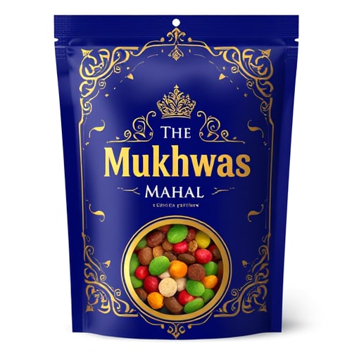 AI Design for uxury premium pouch packaging design for The Mukhwas Mahal. Matte royal blue background with elegant golden ornate borders. The central logo should appear embossed/raised with gold foil stamping effect, giving a 3D luxurious look. Add subtle fennel seed and betel leaf motifs around the logo for authenticity. Include a transparent circular window at the bottom showing colorful mukhwas inside. Typography in metallic gold serif font, clean and elegant. Overall look should be rich, ethnic, and premium – perfect for a royal Indian gourmet brand."