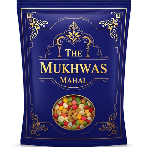 AI Design for uxury premium pouch packaging design for The Mukhwas Mahal. Matte royal blue background with elegant golden ornate borders. The central logo should appear embossed/raised with gold foil stamping effect, giving a 3D luxurious look. Add subtle fennel seed and betel leaf motifs around the logo for authenticity. Include a transparent circular window at the bottom showing colorful mukhwas inside. Typography in metallic gold serif font, clean and elegant. Overall look should be rich, ethnic, and premium – perfect for a royal Indian gourmet brand."