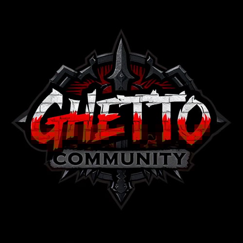 AI Design for reate a dark, urban-themed gaming logo for a community called 'Ghetto Community', focused on World of Warcraft. The logo should combine street/graffiti style with fantasy elements. Use a bold, graffiti or gothic font. Include subtle references to Horde and Alliance symbols, such as stylized emblems or runes. Background should have brick or concrete texture. Add fantasy elements like a sword, axe, or magic aura. Color scheme: black, dark red, grey, with small accents of blue or gold. The logo should feel powerful, underground, and united – a blend of street culture and fantasy gaming world.