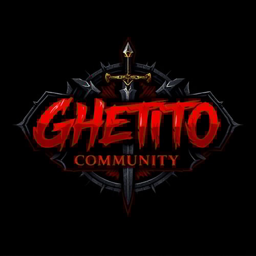 AI Design for reate a dark, urban-themed gaming logo for a community called 'Ghetto Community', focused on World of Warcraft. The logo should combine street/graffiti style with fantasy elements. Use a bold, graffiti or gothic font. Include subtle references to Horde and Alliance symbols, such as stylized emblems or runes. Background should have brick or concrete texture. Add fantasy elements like a sword, axe, or magic aura. Color scheme: black, dark red, grey, with small accents of blue or gold. The logo should feel powerful, underground, and united – a blend of street culture and fantasy gaming world.
