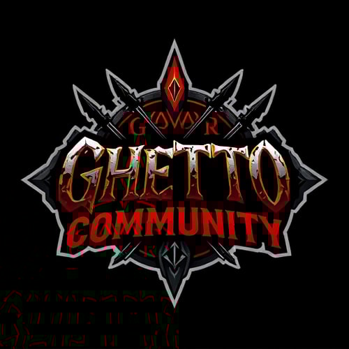 AI Design for Design a fantasy-themed gaming logo with the text 'Ghetto Community'. The logo should blend urban/ghetto street style with elements inspired by World of Warcraft. Use a bold, gritty font that feels like graffiti or medieval Gothic. Incorporate Horde or Alliance symbols in the background or as part of the design. Include fantasy elements like swords, magic runes, or a glowing aura. Use dark tones like black, red, and grey, with accent colors such as gold or blue. The overall style should feel powerful, underground, and immersive — a fusion of street culture and fantasy gaming. Make it look like a Alliance guild crest or an esports team logo. 