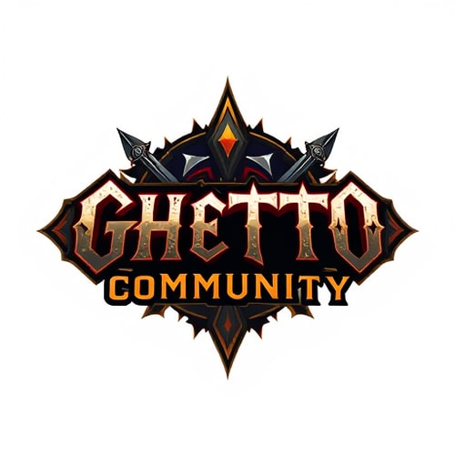 AI Design for Design a fantasy-themed gaming logo with the text 'Ghetto Community'. The logo should blend urban/ghetto street style with elements inspired by World of Warcraft. Use a bold, gritty font that feels like graffiti or medieval Gothic. Incorporate Horde or Alliance symbols in the background or as part of the design. Include fantasy elements like swords, magic runes, or a glowing aura. Use dark tones like black, red, and grey, with accent colors such as gold or blue. The overall style should feel powerful, underground, and immersive — a fusion of street culture and fantasy gaming. Make it look like a Alliance guild crest or an esports team logo. 