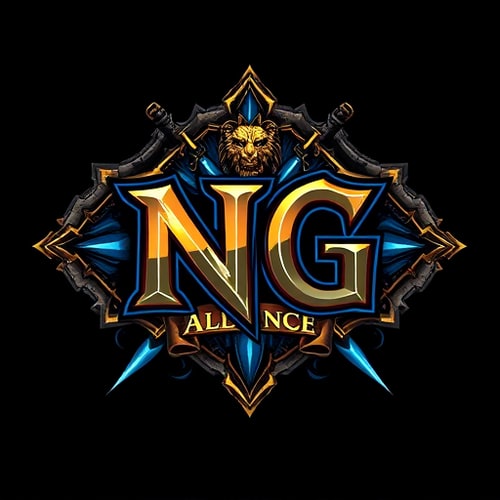 AI Design for "Design a fantasy-themed gaming logo for a World of Warcraft Alliance guild, with the text 'NG'. The logo should combine urban/ghetto street style with classic Alliance elements like lions, swords, and golden trim. Use a bold, graffiti-inspired or medieval Gothic font. Feature the Alliance crest or a stylized lion emblem in the background or within the logo. Include glowing blue or gold magic effects, runes, or a royal banner. Use a dark, gritty background like stone or brick wall with blue and gold highlights. The logo should feel noble yet street-tough — a fusion of fantasy royalty and underground community strength.