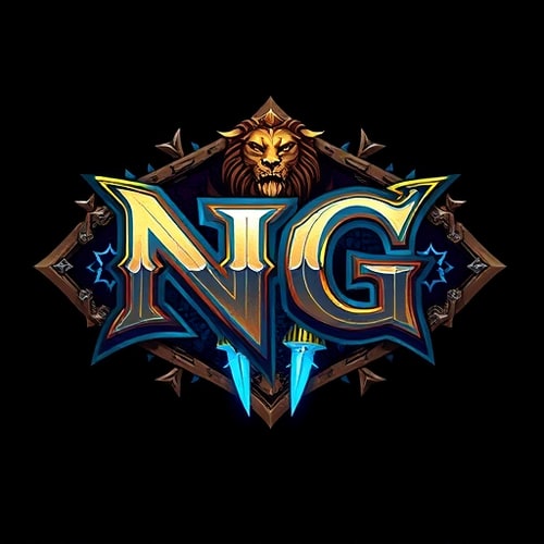 AI Design for "Design a fantasy-themed gaming logo for a World of Warcraft Alliance guild, with the text 'NG'. The logo should combine urban/ghetto street style with classic Alliance elements like lions, swords, and golden trim. Use a bold, graffiti-inspired or medieval Gothic font. Feature the Alliance crest or a stylized lion emblem in the background or within the logo. Include glowing blue or gold magic effects, runes, or a royal banner. Use a dark, gritty background like stone or brick wall with blue and gold highlights. The logo should feel noble yet street-tough — a fusion of fantasy royalty and underground community strength.