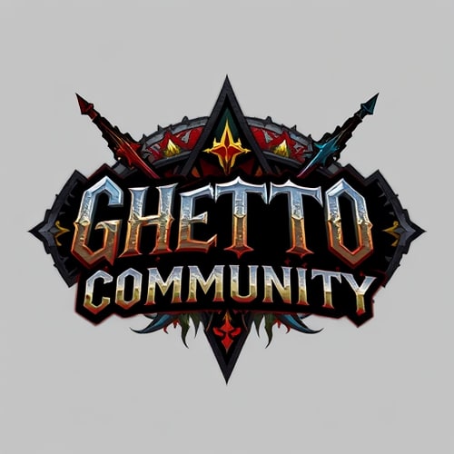 AI Design for Design a fantasy-themed gaming logo with the text 'Ghetto Community'. The logo should blend urban/ghetto street style with elements inspired by World of Warcraft. Use a bold, gritty font that feels like graffiti or medieval Gothic. Incorporate Horde or Alliance symbols in the background or as part of the design. Include fantasy elements like swords, magic runes, or a glowing aura. Use dark tones like black, red, and grey, with accent colors such as gold or blue. The overall style should feel powerful, underground, and immersive — a fusion of street culture and fantasy gaming.