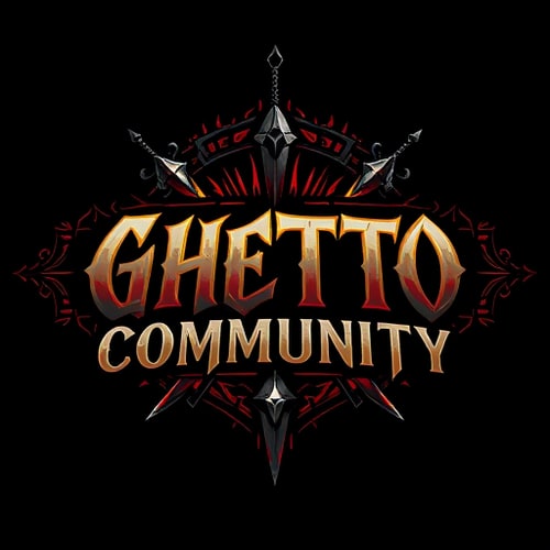 AI Design for Design a fantasy-themed gaming logo with the text 'Ghetto Community'. The logo should blend urban/ghetto street style with elements inspired by World of Warcraft. Use a bold, gritty font that feels like graffiti or medieval Gothic. Incorporate Horde or Alliance symbols in the background or as part of the design. Include fantasy elements like swords, magic runes, or a glowing aura. Use dark tones like black, red, and grey, with accent colors such as gold or blue. The overall style should feel powerful, underground, and immersive — a fusion of street culture and fantasy gaming.