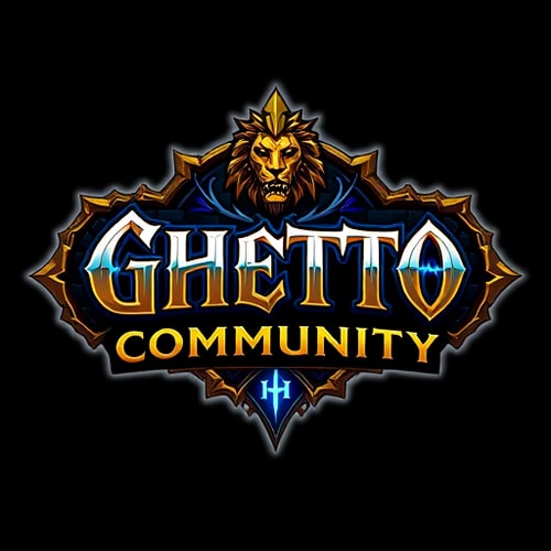 AI Design for "Design a fantasy-themed gaming logo for a World of Warcraft Alliance guild, with the text 'Ghetto Community'. The logo should combine urban/ghetto street style with classic Alliance elements like lions, swords, and golden trim. Use a bold, graffiti-inspired or medieval Gothic font. Feature the Alliance crest or a stylized lion emblem in the background or within the logo. Include glowing blue or gold magic effects, runes, or a royal banner. Use a dark, gritty background like stone or brick wall with blue and gold highlights. The logo should feel noble yet street-tough — a fusion of fantasy royalty and underground community strength.