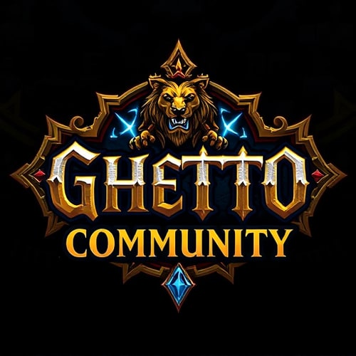 AI Design for "Design a fantasy-themed gaming logo for a World of Warcraft Alliance guild, with the text 'Ghetto Community'. The logo should combine urban/ghetto street style with classic Alliance elements like lions, swords, and golden trim. Use a bold, graffiti-inspired or medieval Gothic font. Feature the Alliance crest or a stylized lion emblem in the background or within the logo. Include glowing blue or gold magic effects, runes, or a royal banner. Use a dark, gritty background like stone or brick wall with blue and gold highlights. The logo should feel noble yet street-tough — a fusion of fantasy royalty and underground community strength.