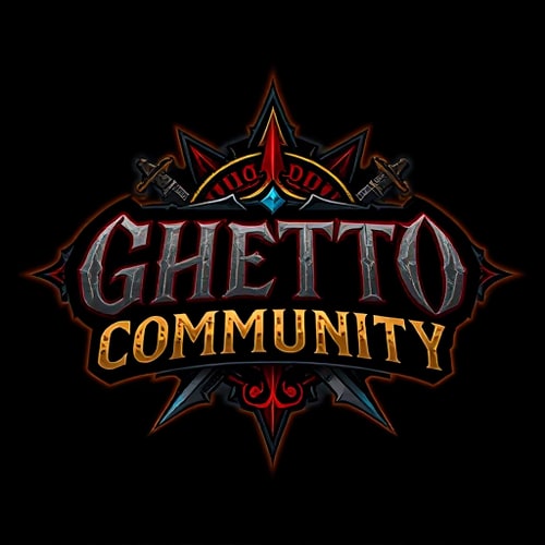 AI Design for Design a fantasy-themed gaming logo with the text 'Ghetto Community'. The logo should blend urban/ghetto street style with elements inspired by World of Warcraft. Use a bold, gritty font that feels like graffiti or medieval Gothic. Incorporate Horde or Alliance symbols in the background or as part of the design. Include fantasy elements like swords, magic runes, or a glowing aura. Use dark tones like black, red, and grey, with accent colors such as gold or blue. The overall style should feel powerful, underground, and immersive — a fusion of street culture and fantasy gaming. Make it look like a guild crest or an esports team logo.
