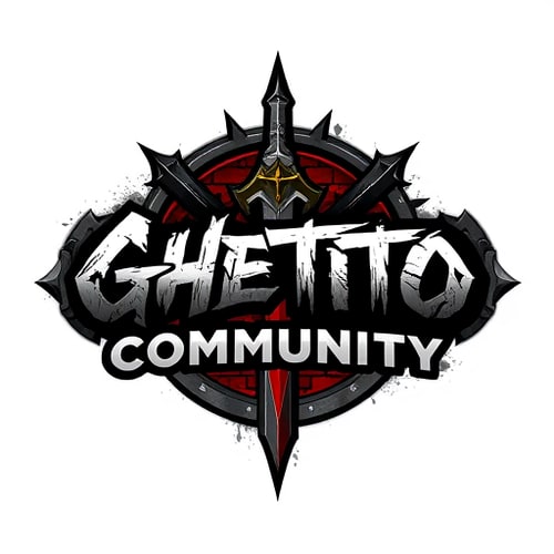 AI Design for create a dark, urban-themed gaming logo for a community called 'Ghetto Community', focused on World of Warcraft. The logo should combine street/graffiti style with fantasy elements. Use a bold, graffiti or gothic font. Include subtle references to Horde and Alliance symbols, such as stylized emblems or runes. Background should have brick or concrete texture. Add fantasy elements like a sword, axe, or magic aura. Color scheme: black, dark red, grey, with small accents of blue or gold. The logo should feel powerful, underground, and united – a blend of street culture and fantasy gaming world.