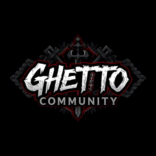 AI Design for create a dark, urban-themed gaming logo for a community called 'Ghetto Community', focused on World of Warcraft. The logo should combine street/graffiti style with fantasy elements. Use a bold, graffiti or gothic font. Include subtle references to Horde and Alliance symbols, such as stylized emblems or runes. Background should have brick or concrete texture. Add fantasy elements like a sword, axe, or magic aura. Color scheme: black, dark red, grey, with small accents of blue or gold. The logo should feel powerful, underground, and united – a blend of street culture and fantasy gaming world.