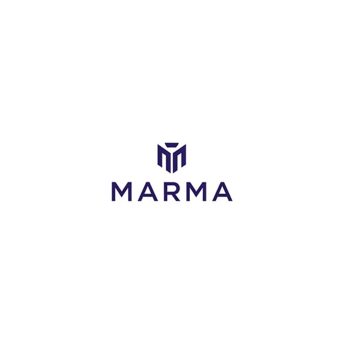 AI Design for A sophisticated, abstract corporate logotype concept for the brand "Marma ," integrating a subtle, conceptual abstract mark or monogram positioned above the text — Centered composition designed for immediate recognition and high impact at small scale; the mark must complement the logotype — Professional color scheme utilizing deep indigo blue and crisp white/off-white — Flat, sharp, graphic design lighting; modern and professional tone — Minimalist vector graphic design; hard edges, conceptual mark, suitable for digital and print branding — The exact text required is "Marma "; keep text/logos/labels EXACTLY unchanged; no rewriting, redrawing, correcting, or adding any text; avoid photographic elements or heavy gradients — Isolated on a seamless pure white background for versatile branding use.