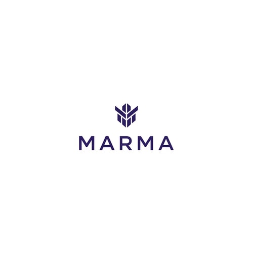 AI Design for A sophisticated, abstract corporate logotype concept for the brand "Marma ," integrating a subtle, conceptual abstract mark or monogram positioned above the text — Centered composition designed for immediate recognition and high impact at small scale; the mark must complement the logotype — Professional color scheme utilizing deep indigo blue and crisp white/off-white — Flat, sharp, graphic design lighting; modern and professional tone — Minimalist vector graphic design; hard edges, conceptual mark, suitable for digital and print branding — The exact text required is "Marma "; keep text/logos/labels EXACTLY unchanged; no rewriting, redrawing, correcting, or adding any text; avoid photographic elements or heavy gradients — Isolated on a seamless pure white background for versatile branding use.