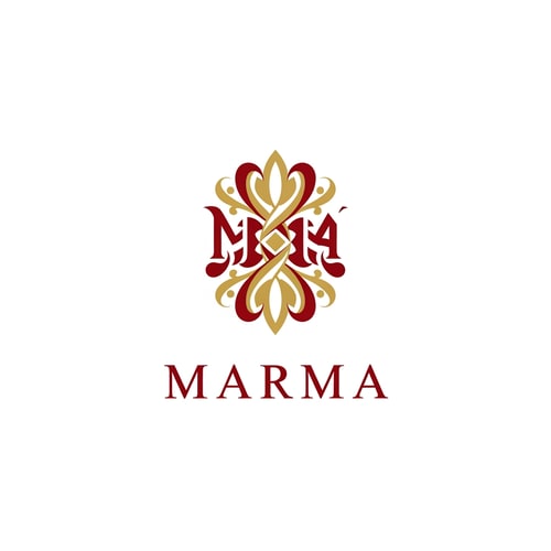 AI Design for A sophisticated, conceptual abstract mark or monogram positioned immediately above the corporate logotype text "Marma" — Centered composition designed for immediate recognition and high impact at small scale; the abstract mark must visually complement and integrate with the typography — Professional color scheme utilizing deep red and crisp white — Flat, sharp, graphic design lighting achieving a modern and professional tone — Abstract, clean vector graphic logotype concept — Keep text "Marma" EXACTLY unchanged; no rewriting, redrawing, correcting, or adding any text; strictly avoid photographic elements or heavy gradients — Isolated on a seamless add ornamental g9olden designs toopure white background for versatile branding use.