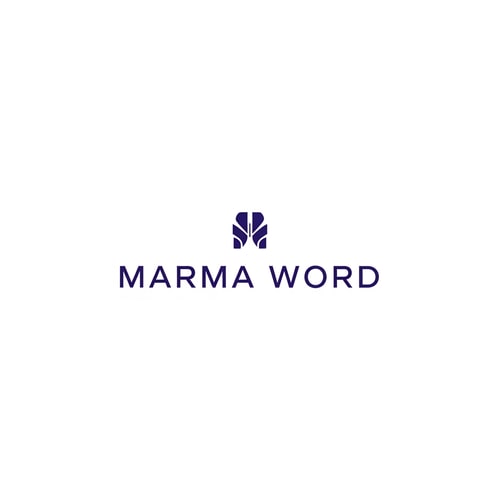 AI Design for A sophisticated, abstract corporate logotype concept for the brand "Marma Word," integrating a subtle, conceptual abstract mark or monogram positioned above the text — Centered composition designed for immediate recognition and high impact at small scale; the mark must complement the logotype — Professional color scheme utilizing deep indigo blue and crisp white/off-white — Flat, sharp, graphic design lighting; modern and professional tone — Minimalist vector graphic design; hard edges, conceptual mark, suitable for digital and print branding — The exact text required is "Marma Word"; keep text/logos/labels EXACTLY unchanged; no rewriting, redrawing, correcting, or adding any text; avoid photographic elements or heavy gradients — Isolated on a seamless pure white background for versatile branding use.