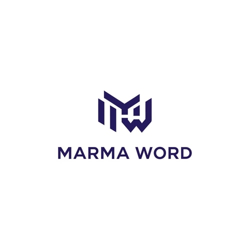 AI Design for A sophisticated, abstract corporate logotype concept for the brand "Marma ," integrating a subtle, conceptual abstract mark or monogram positioned above the text — Centered composition designed for immediate recognition and high impact at small scale; the mark must complement the logotype — Professional color scheme utilizing deep indigo blue and crisp white/off-white — Flat, sharp, graphic design lighting; modern and professional tone — Minimalist vector graphic design; hard edges, conceptual mark, suitable for digital and print branding — The exact text required is "Marma Word"; keep text/logos/labels EXACTLY unchanged; no rewriting, redrawing, correcting, or adding any text; avoid photographic elements or heavy gradients — Isolated on a seamless pure white background for versatile branding use.