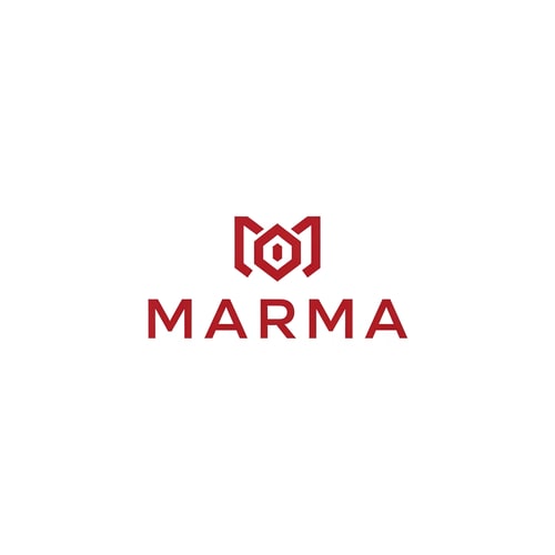 AI Design for A sophisticated, abstract corporate logotype concept for the brand "Marma ," integrating a subtle, conceptual abstract mark or monogram positioned above the text — Centered composition designed for immediate recognition and high impact at small scale; the mark must complement the logotype — Professional color scheme utilizing deep red and crisp — Flat, sharp, graphic design lighting; modern and professional tone — Minimalist vector graphic design; hard edges, conceptual mark, suitable for digital and print branding — The exact text required is "Marma "; keep text/logos/labels EXACTLY unchanged; no rewriting, redrawing, correcting, or adding any text; avoid photographic elements or heavy gradients — Isolated on a seamless pure white background for versatile branding use.