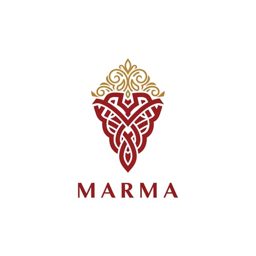 AI Design for A sophisticated, conceptual abstract mark or monogram positioned immediately above the corporate logotype text "Marma" — Centered composition designed for immediate recognition and high impact at small scale; the abstract mark must visually complement and integrate with the typography — Professional color scheme utilizing deep red and crisp white — Flat, sharp, graphic design lighting achieving a modern and professional tone — Abstract, clean vector graphic logotype concept — Keep text "Marma" EXACTLY unchanged; no rewriting, redrawing, correcting, or adding any text; strictly avoid photographic elements or heavy gradients — Isolated on a seamless add ornamental g9olden designs toopure white background for versatile branding use.